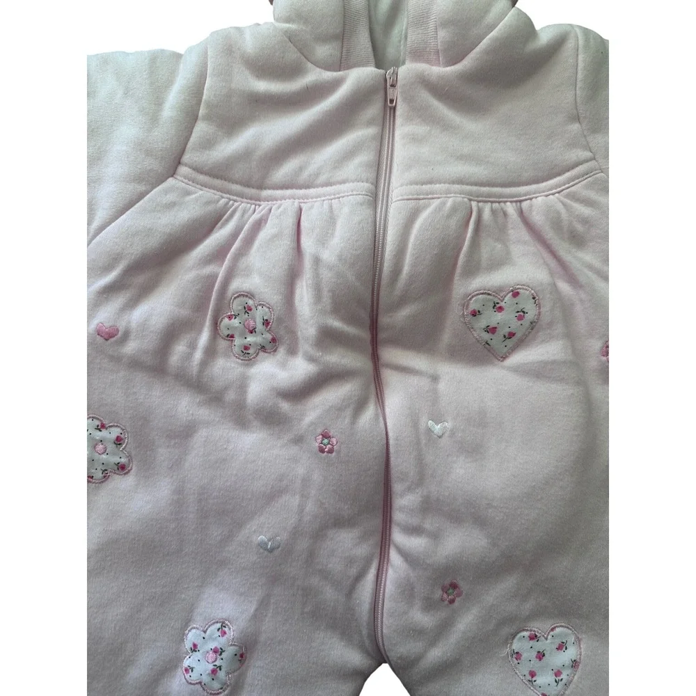 Friedknit Creations Pink Hooded Pram‎ Suit 3M Floral Heart Embroidered Bunting